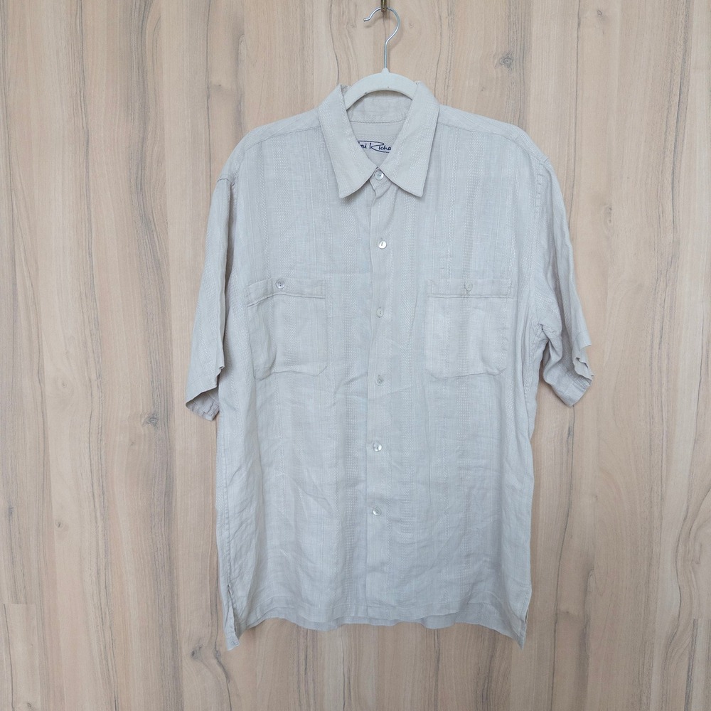 Tori‎ Richard Mens Linen Button Down Shirt Large Beige Short Sleeve Embroidered